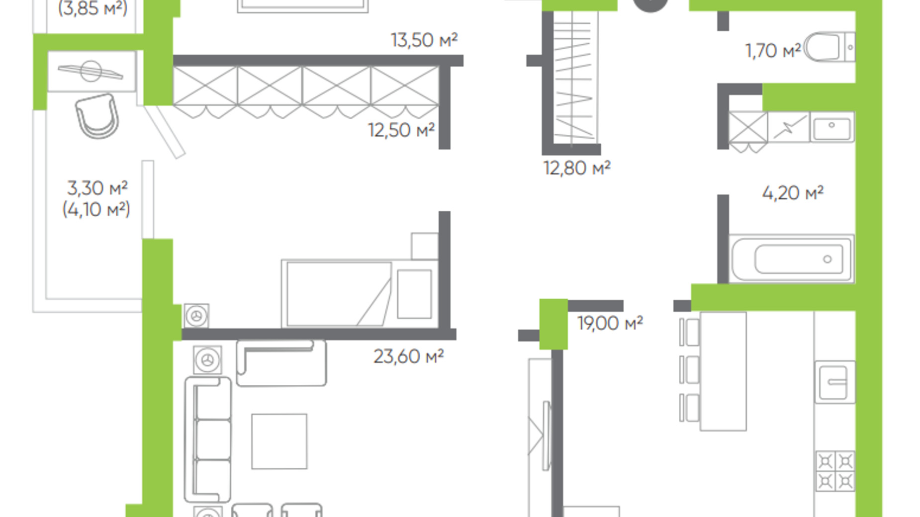 Планировка 3-комнатной квартиры в ЖК Оселя парк 92.55 м², фото 388706