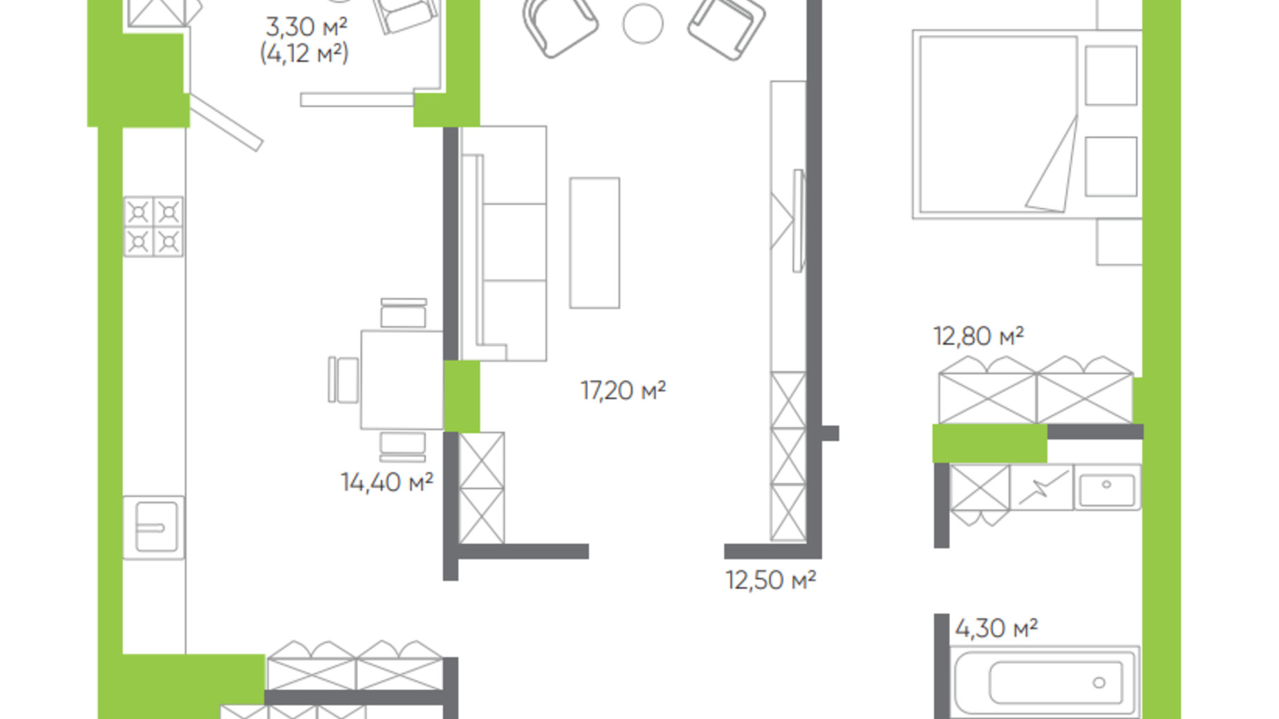 Планування 2-кімнатної квартири в ЖК Оселя парк 71.5 м², фото 388708