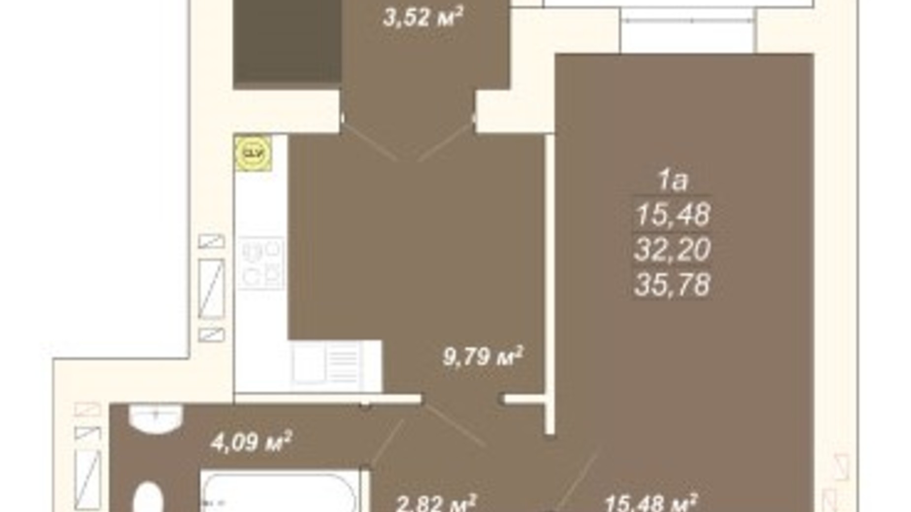 Планування 1-кімнатної квартири в ЖК Атмосфера 35.78 м², фото 388944