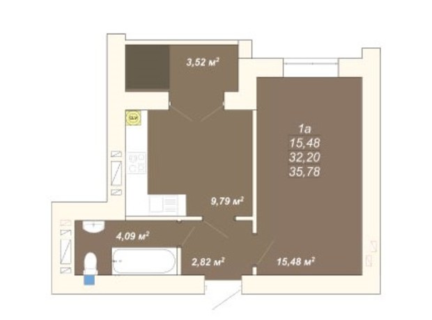 ЖК Атмосфера: планировка 1-комнатной квартиры 35.78 м²
