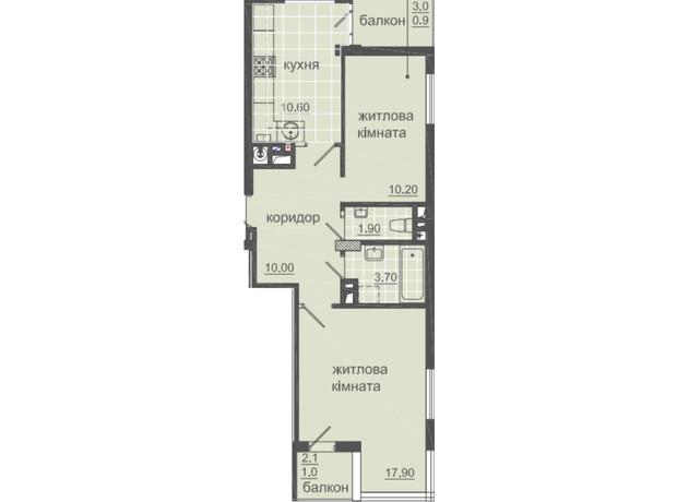 ЖК ул. Баштанная, 6: планировка 2-комнатной квартиры 56.2 м²