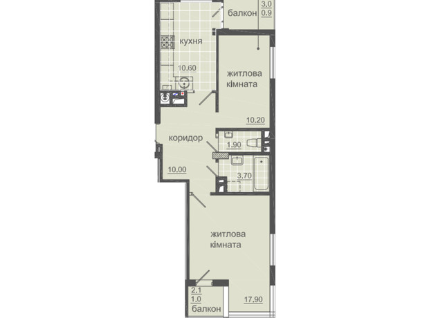 ЖК вул. Баштанна, 6: планування 2-кімнатної квартири 56.2 м²