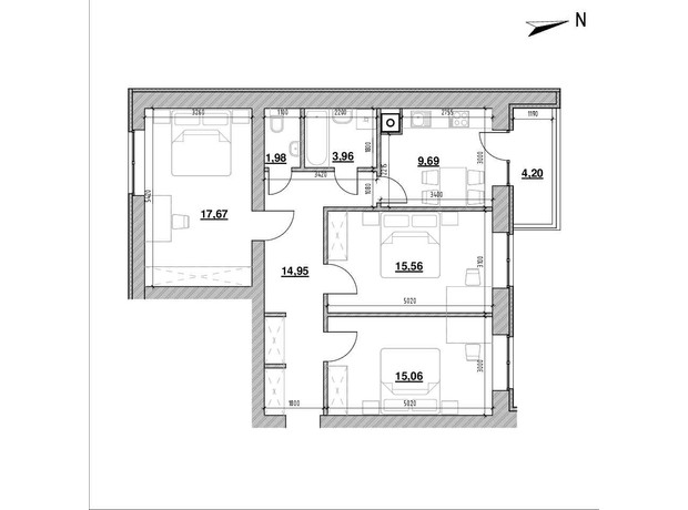 ЖК Компаньон: планировка 3-комнатной квартиры 80.13 м²