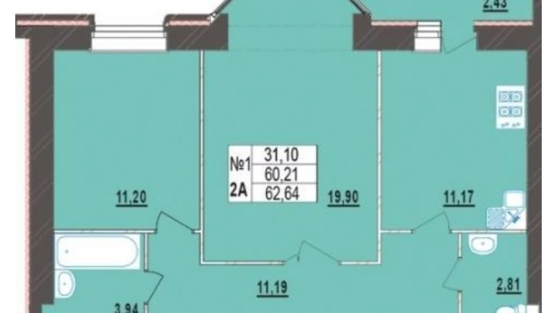 Планировка 2-комнатной квартиры в ЖК Левада Новая 62.64 м², фото 389897