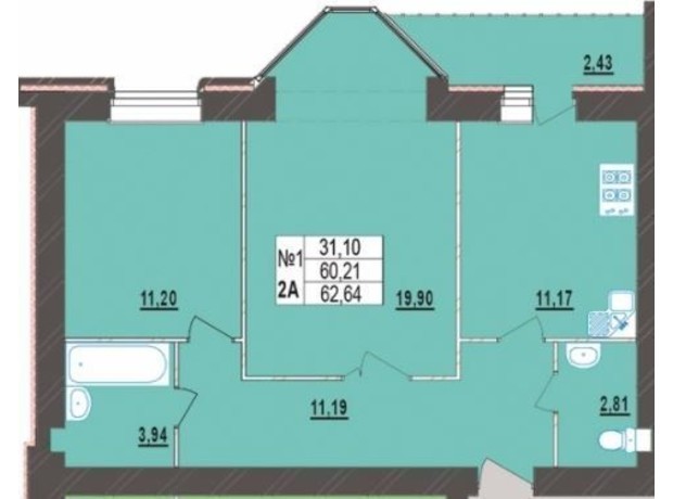 ЖК Левада Нова: планування 2-кімнатної квартири 62.64 м²