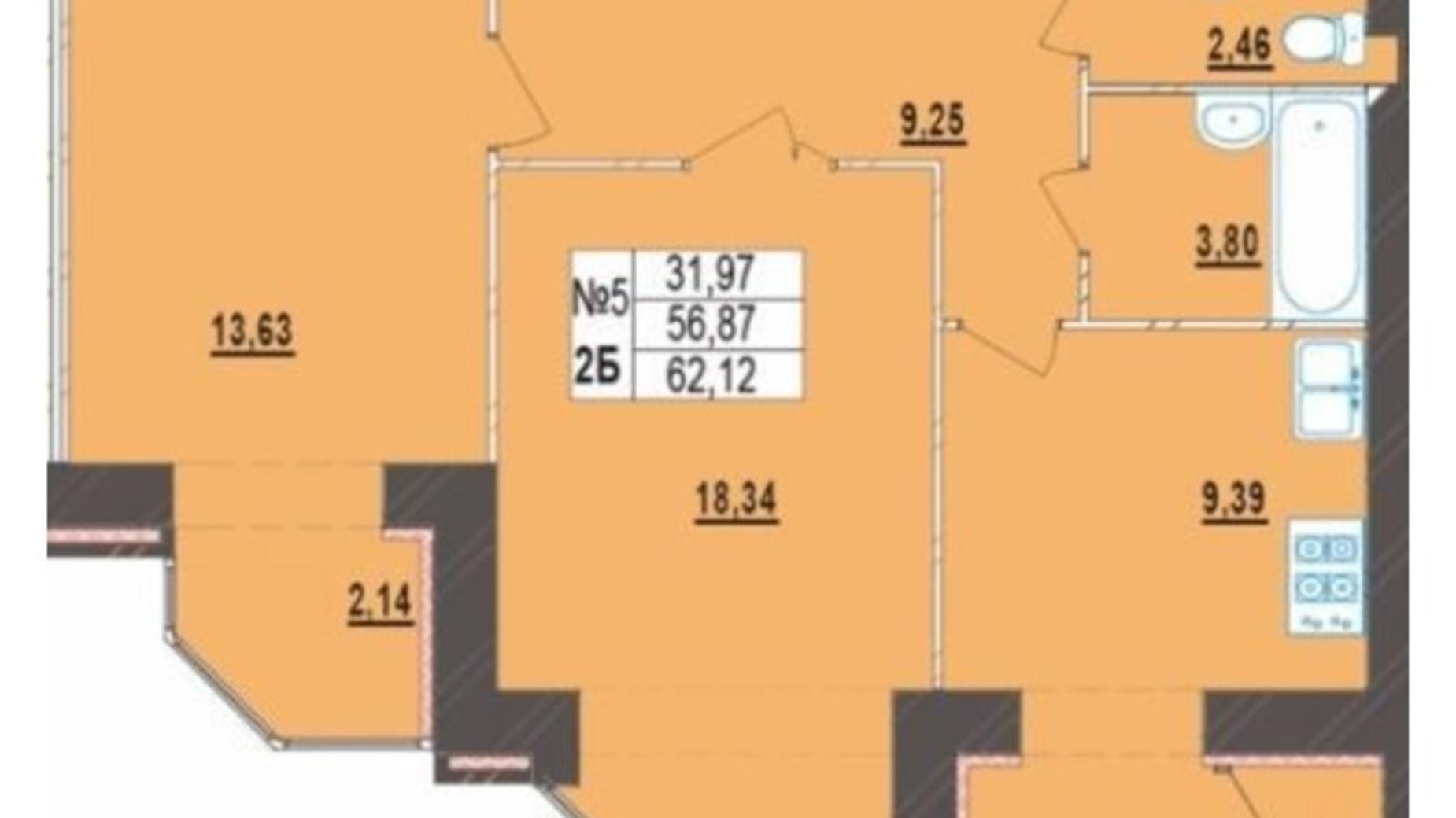 Планировка 2-комнатной квартиры в ЖК Левада Новая 62.12 м², фото 389898
