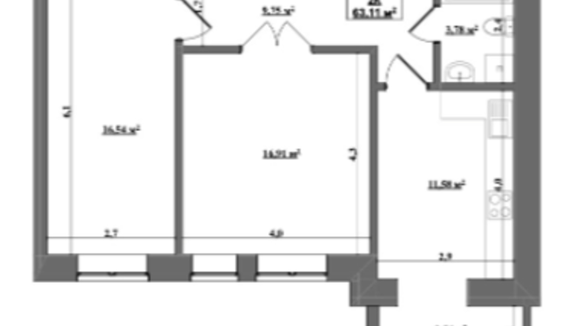 Планировка 2-комнатной квартиры в ЖК Уютный 63.11 м², фото 390642