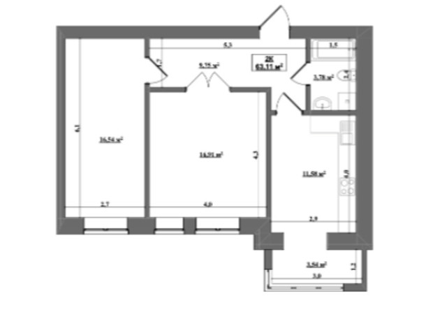 ЖК Уютный: планировка 2-комнатной квартиры 63.11 м²