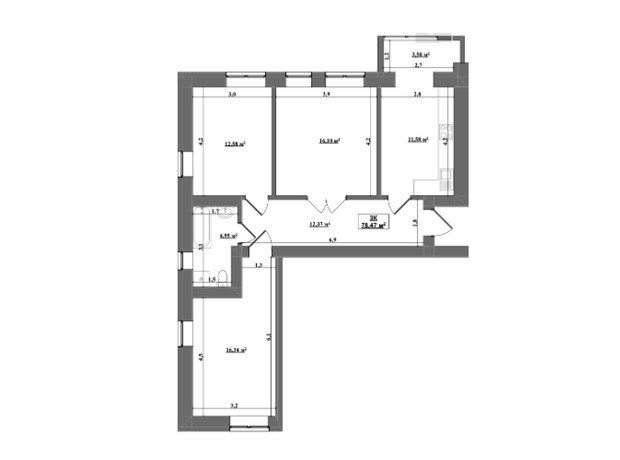 ЖК Уютный: планировка 3-комнатной квартиры 78.47 м²