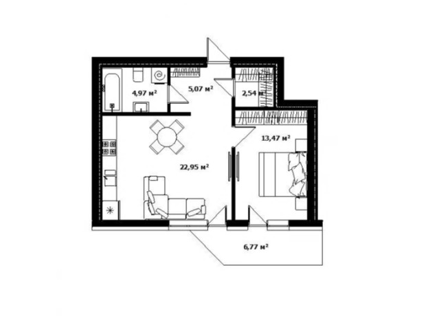 ЖК River Land: планування 1-кімнатної квартири 50.8 м²