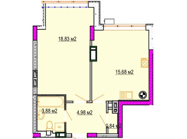 ЖК Колорит: планування 1-кімнатної квартири 44.21 м²