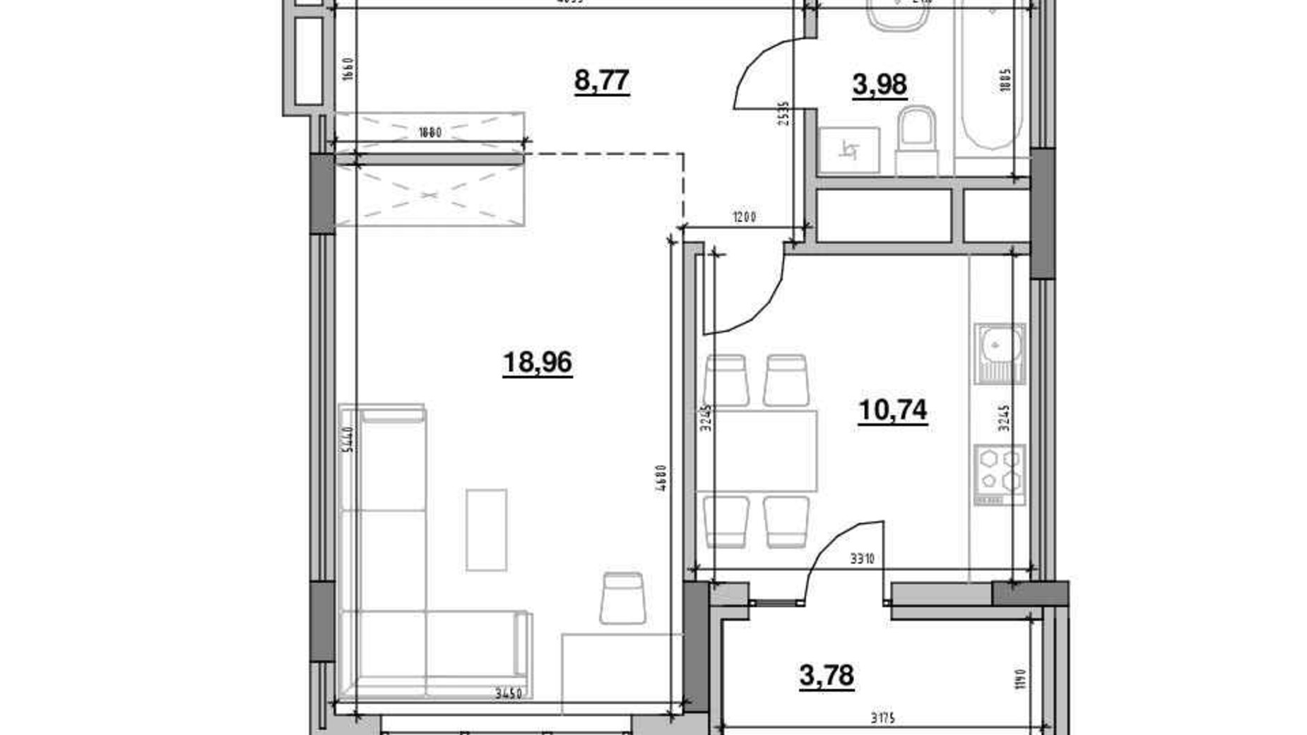 Планування 1-кімнатної квартири в ЖК Америка 46.23 м², фото 391182