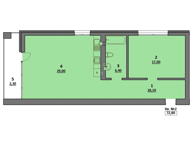 Клубний будинок на Автокразівському бульварі: планування 2-кімнатної квартири 72.8 м²