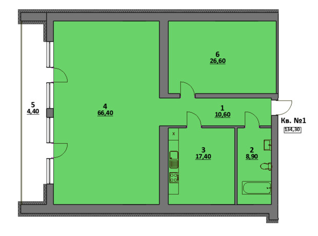 Клубний будинок на Автокразівському бульварі: планування 3-кімнатної квартири 134.3 м²