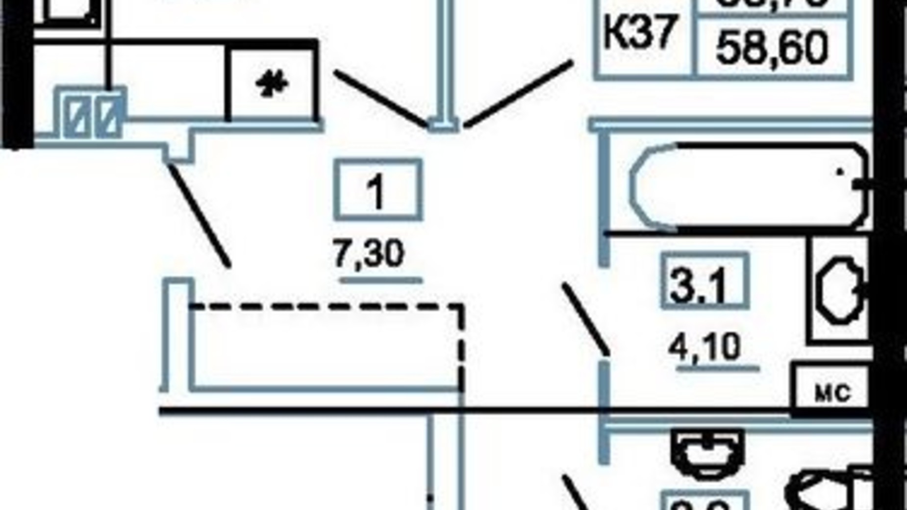 Планування 2-кімнатної квартири в ЖК Канада 58.6 м², фото 391688
