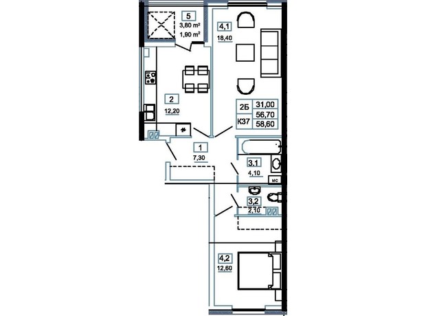 ЖК Канада: планування 2-кімнатної квартири 58.6 м²