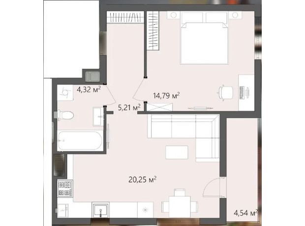 ЖК Greenhouse City: планування 1-кімнатної квартири 49.11 м²