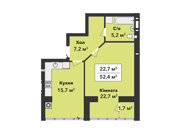 ЖК Перлина Проскурова 3: планировка 1-комнатной квартиры 52.4 м²