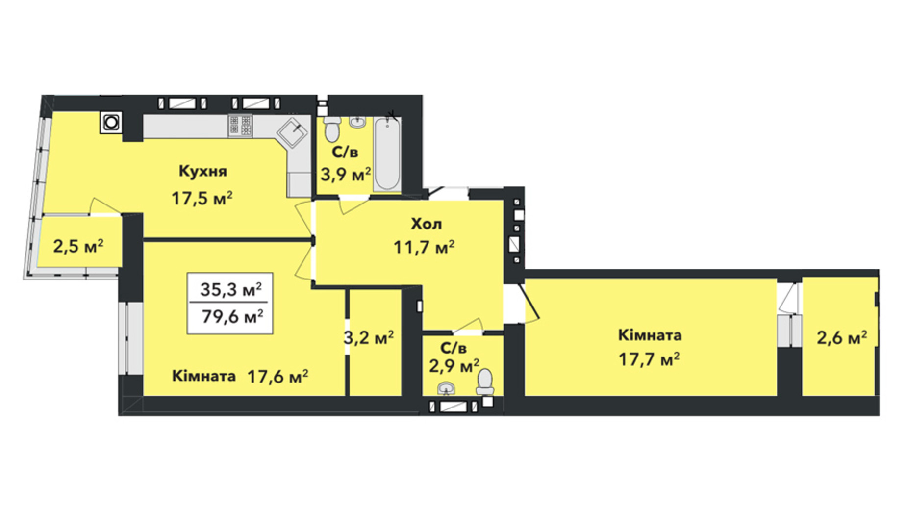 Планировка 2-комнатной квартиры в ЖК Перлина Проскурова 3 79.6 м², фото 392228