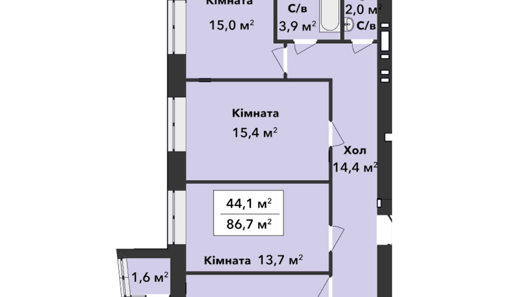 Планування 3-кімнатної квартири в ЖК Перлина Проскурова 3 86.7 м², фото 392229