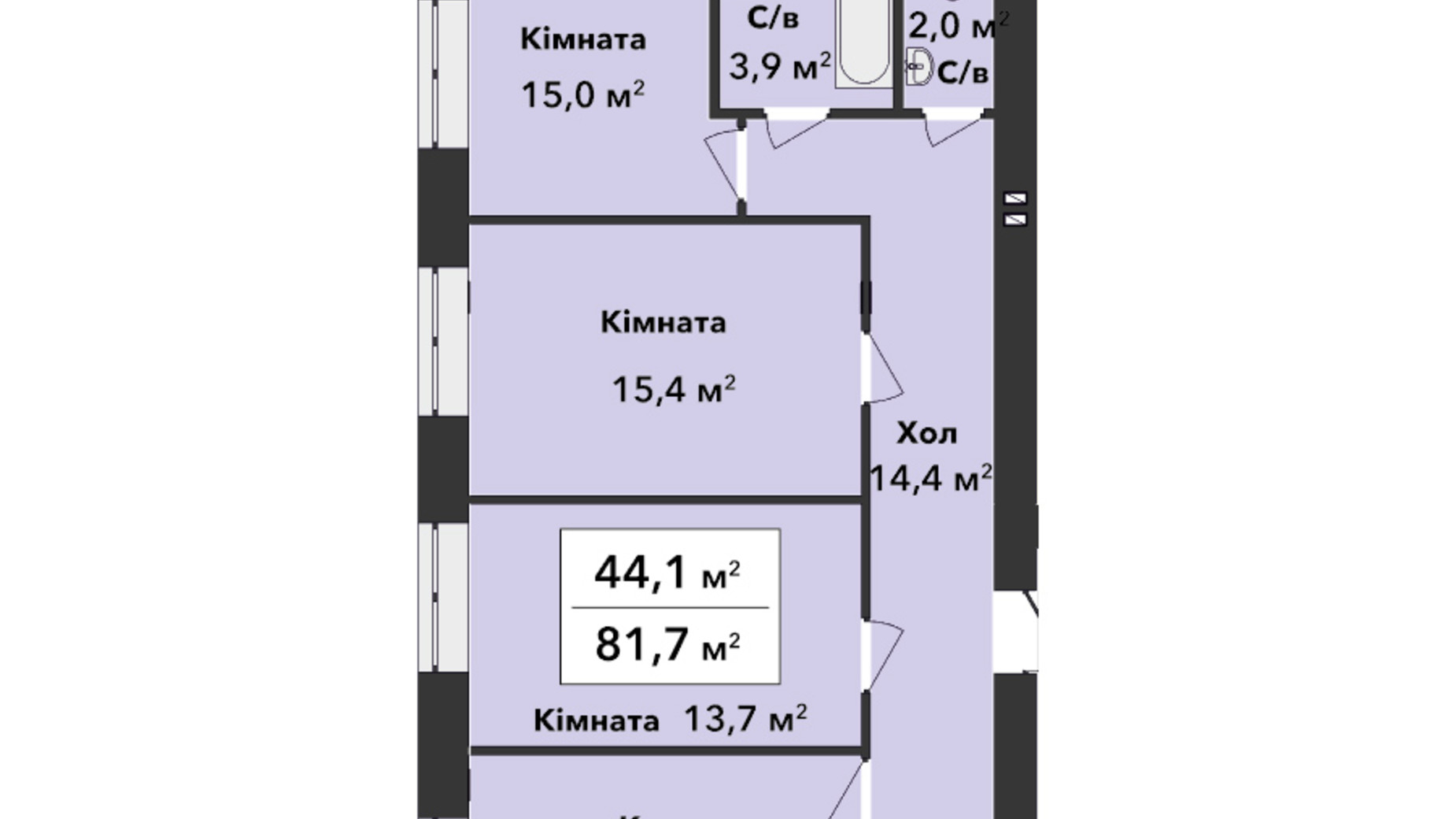 Планування 3-кімнатної квартири в ЖК Перлина Проскурова 3 81.7 м², фото 392236