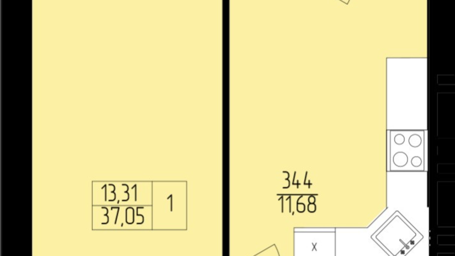 Планировка 1-комнатной квартиры в ЖК Янтарный 37.05 м², фото 392643