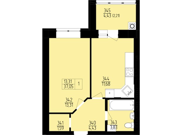 ЖК Янтарный: планировка 1-комнатной квартиры 37.05 м²