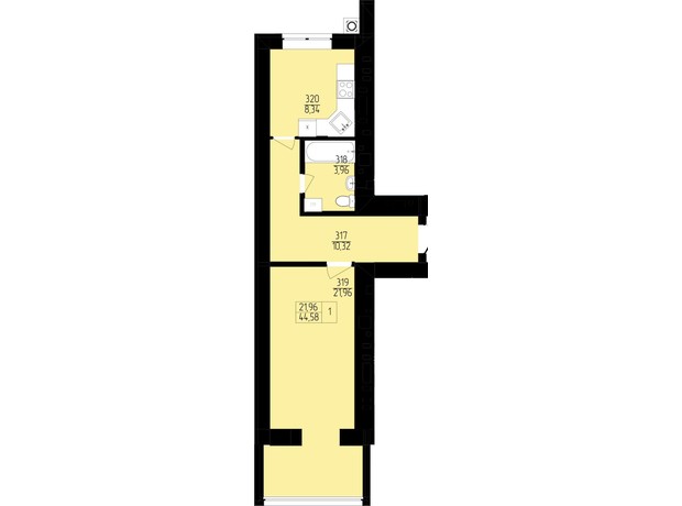 ЖК Янтарный: планировка 1-комнатной квартиры 44.58 м²