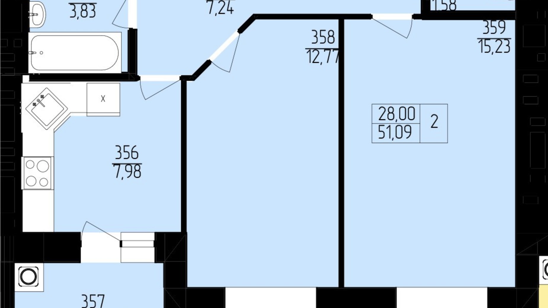 Планировка 2-комнатной квартиры в ЖК Янтарный 51.9 м², фото 392645