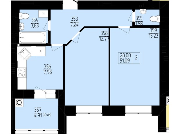 ЖК Янтарний: планування 2-кімнатної квартири 51.9 м²