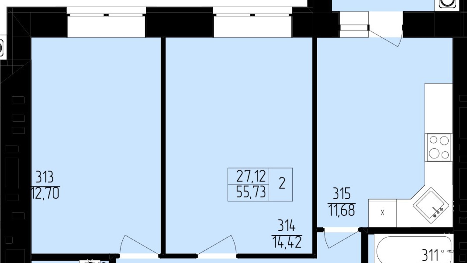 Планування 2-кімнатної квартири в ЖК Янтарний 55.73 м², фото 392646