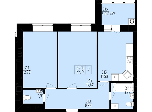 ЖК Янтарный: планировка 2-комнатной квартиры 55.73 м²