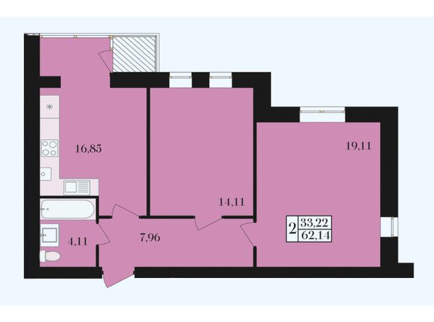 ЖК Элегант: планировка 2-комнатной квартиры 62.14 м²