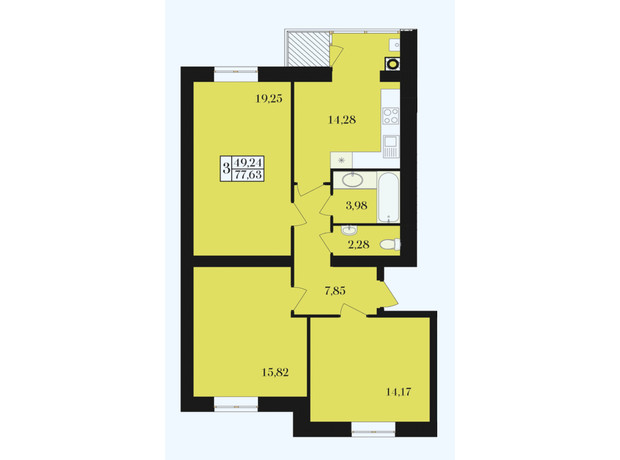 ЖК Елегант: планування 3-кімнатної квартири 77.63 м²
