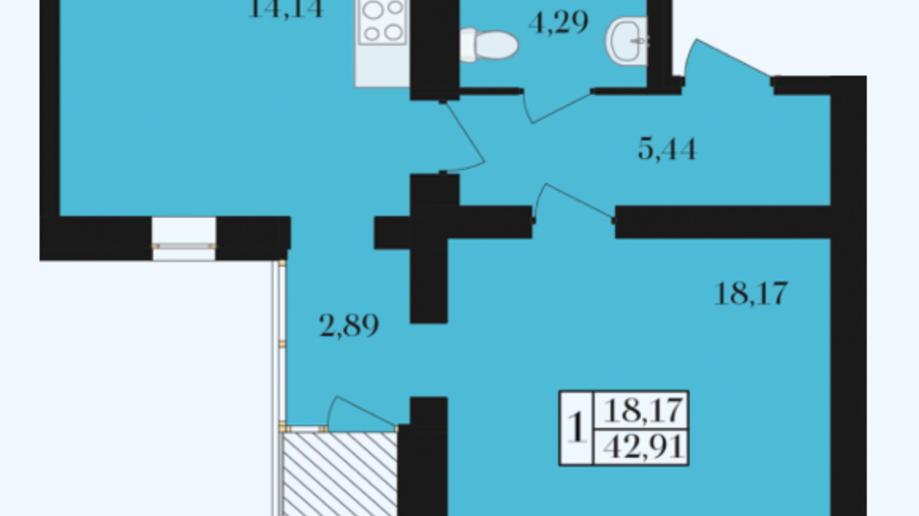 Планировка 1-комнатной квартиры в ЖК Элегант 42.91 м², фото 392899