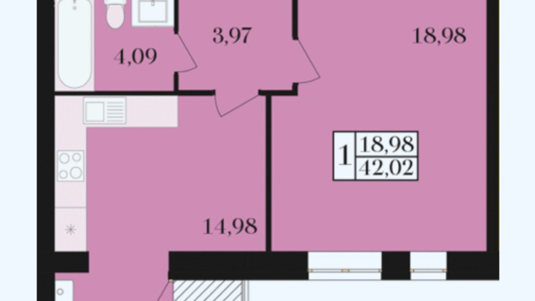 Планировка 1-комнатной квартиры в ЖК Элегант 42.02 м², фото 392902