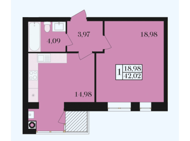 ЖК Елегант: планування 1-кімнатної квартири 42.02 м²