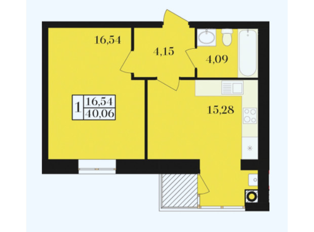 ЖК Елегант: планування 1-кімнатної квартири 40.06 м²