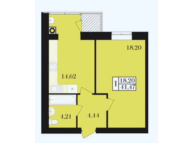 ЖК Елегант: планування 1-кімнатної квартири 41.47 м²
