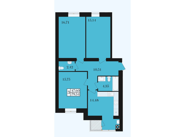 ЖК Элегант: планировка 3-комнатной квартиры 79.54 м²