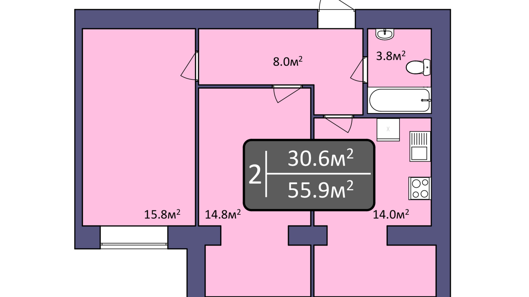 Планування 2-кімнатної квартири в ЖК Dream Park 55.9 м², фото 392998