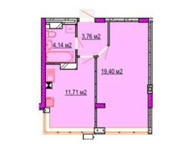 ЖК Фортечна: планування 1-кімнатної квартири 39.01 м²
