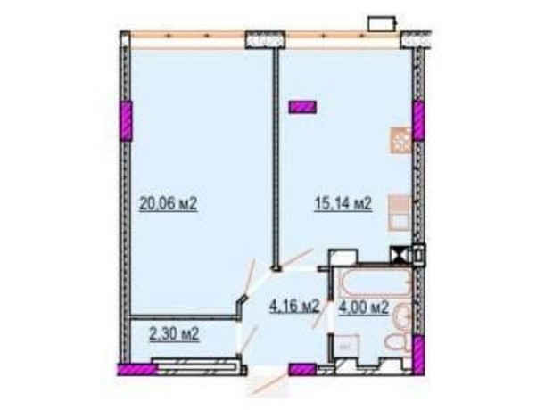 ЖК Фортечна: планування 1-кімнатної квартири 45.66 м²