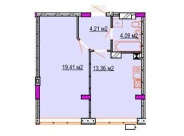 ЖК Фортечна: планування 1-кімнатної квартири 47.01 м²