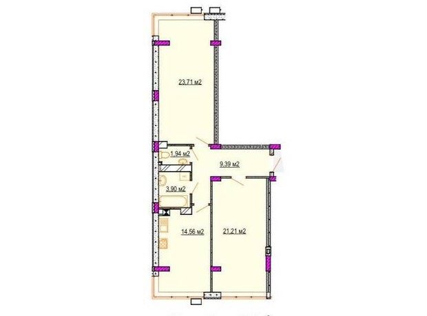 ЖК Фортечна: планування 2-кімнатної квартири 74.71 м²