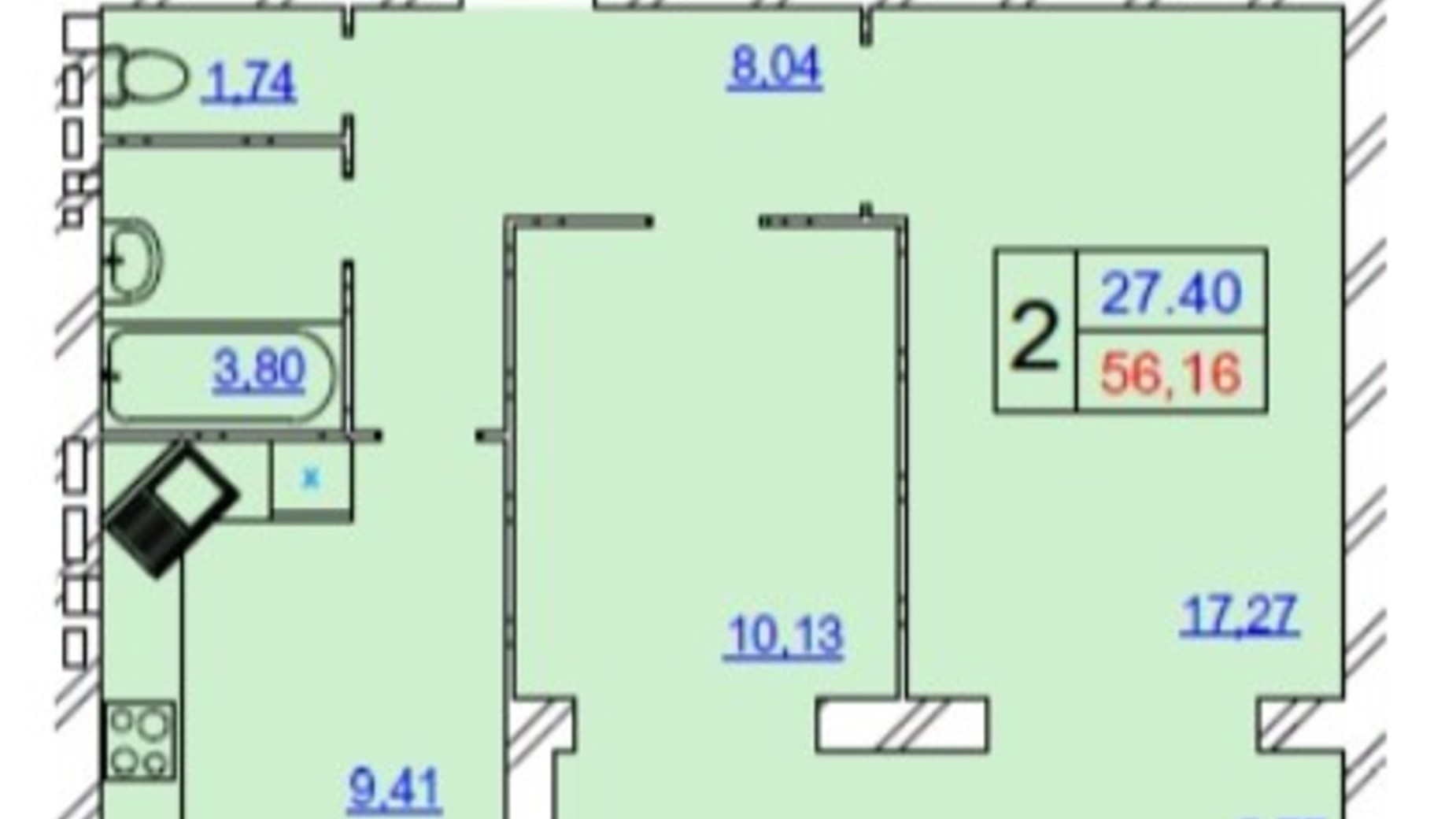 Планировка 2-комнатной квартиры в ЖК Grand Royal 56.45 м², фото 393333