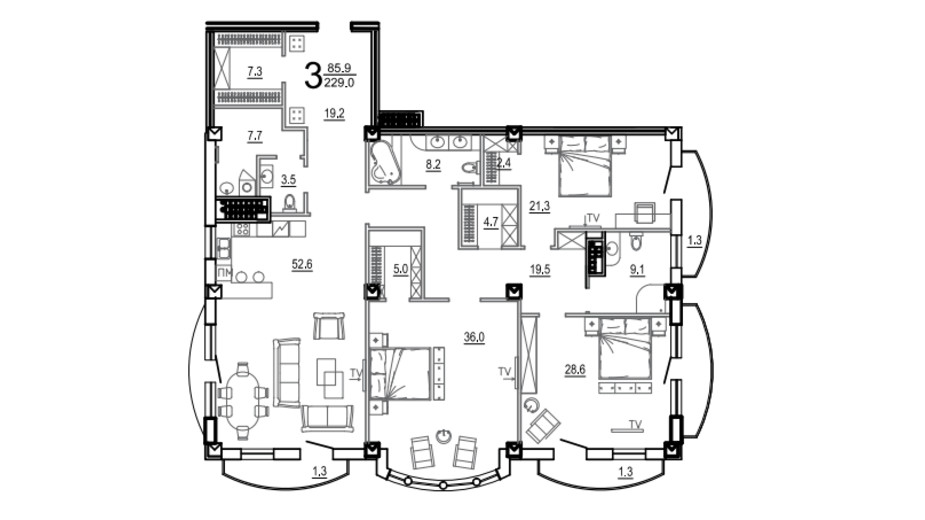 Планировка 3-комнатной квартиры в Клубный дом Biarritz 229 м², фото 393762