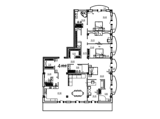 Клубный дом Biarritz: планировка 4-комнатной квартиры 315.2 м²