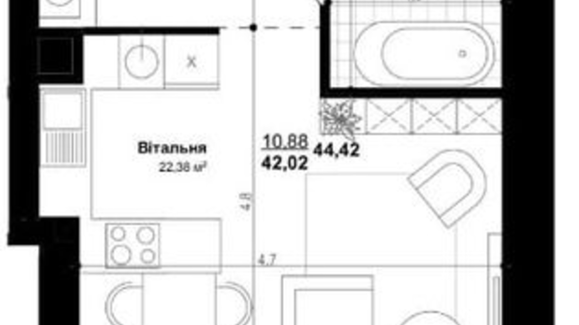 Планировка 1-комнатной квартиры в ЖК Smart & Green 44.22 м², фото 394247