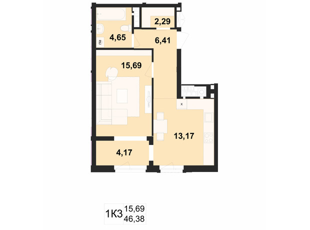 ЖК Київський: планування 1-кімнатної квартири 46.38 м²